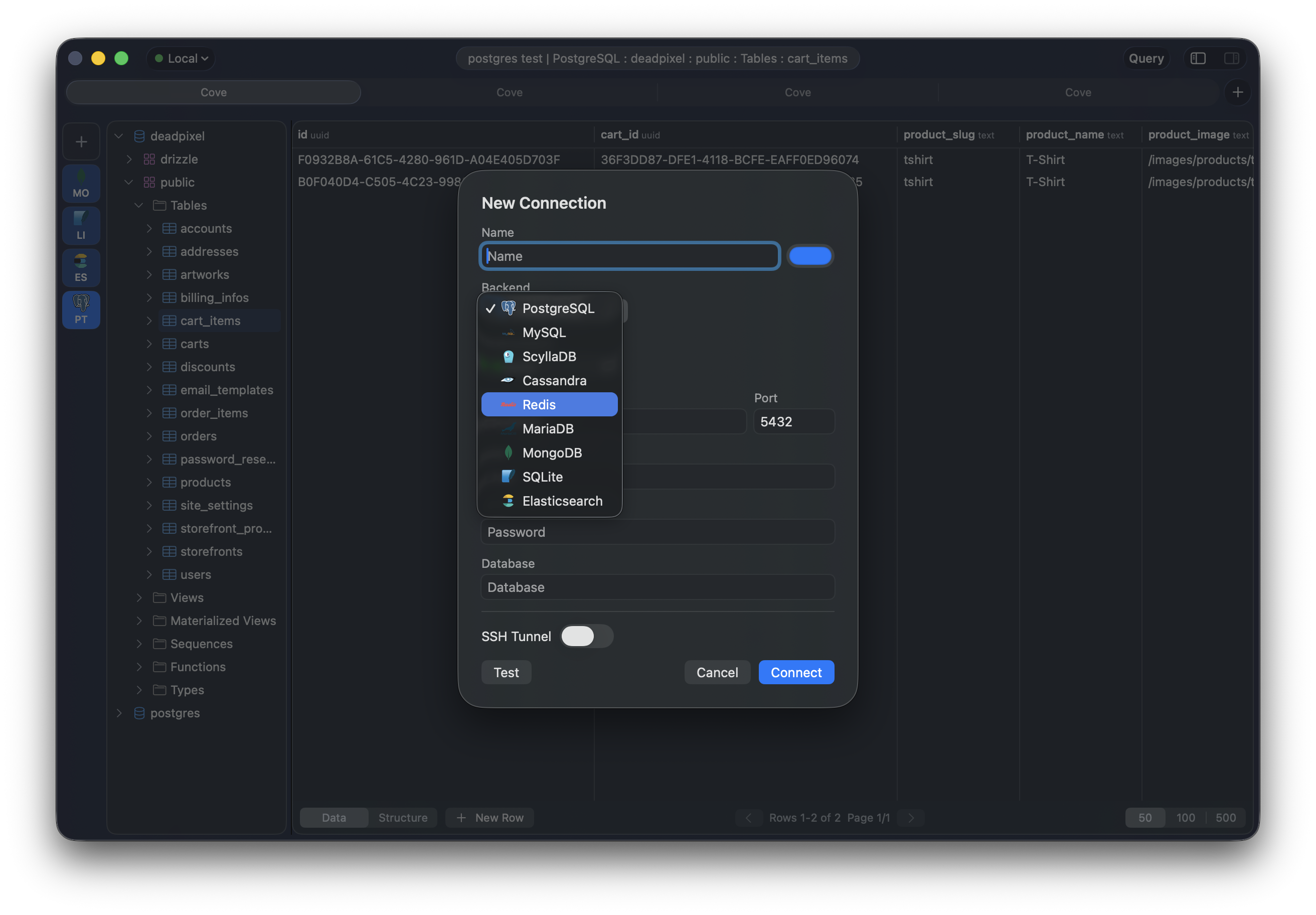 Cove 0.1.0 with the New Connection dialog showing all nine supported backends