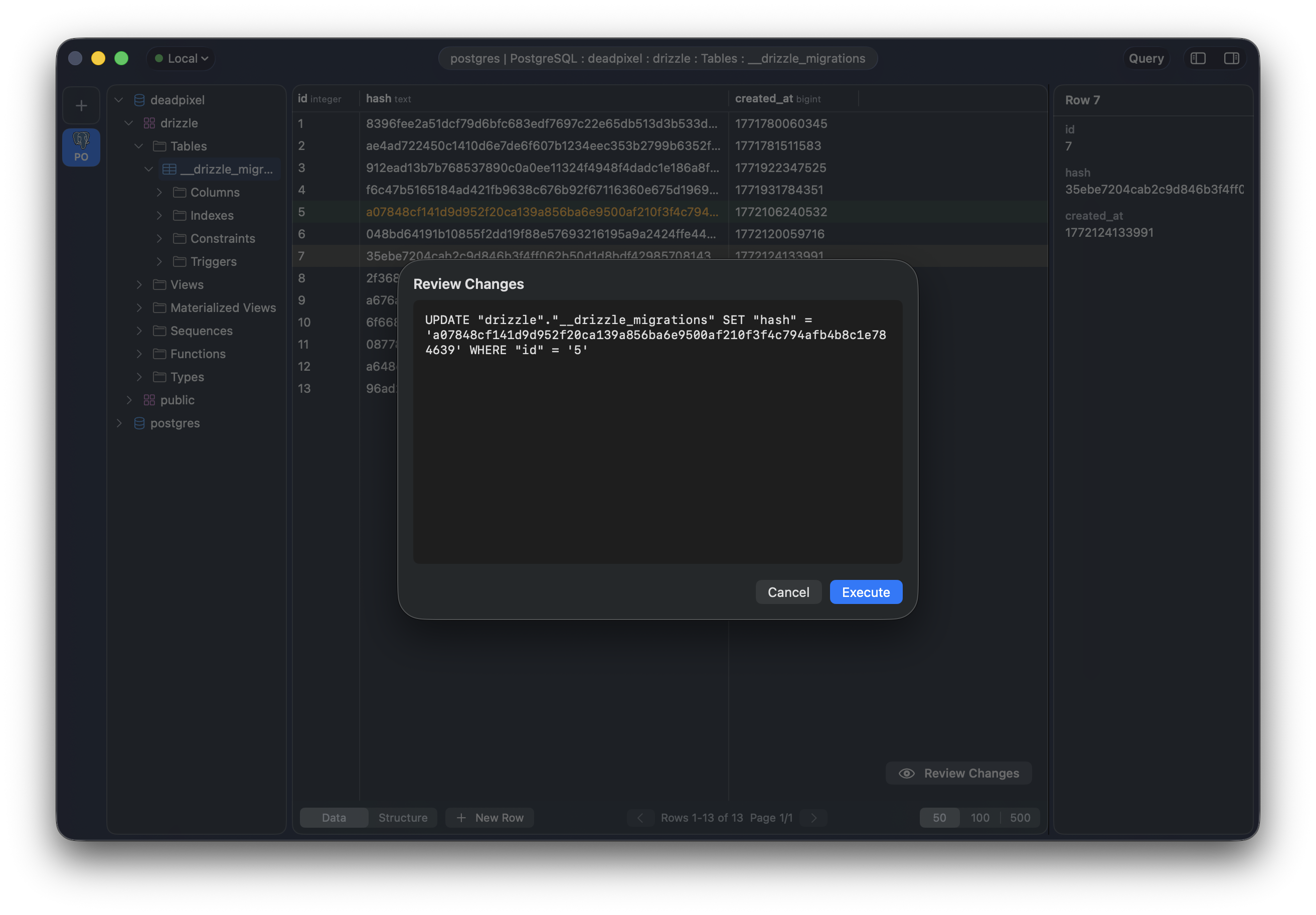 The Review Changes dialog showing the generated UPDATE statement before execution