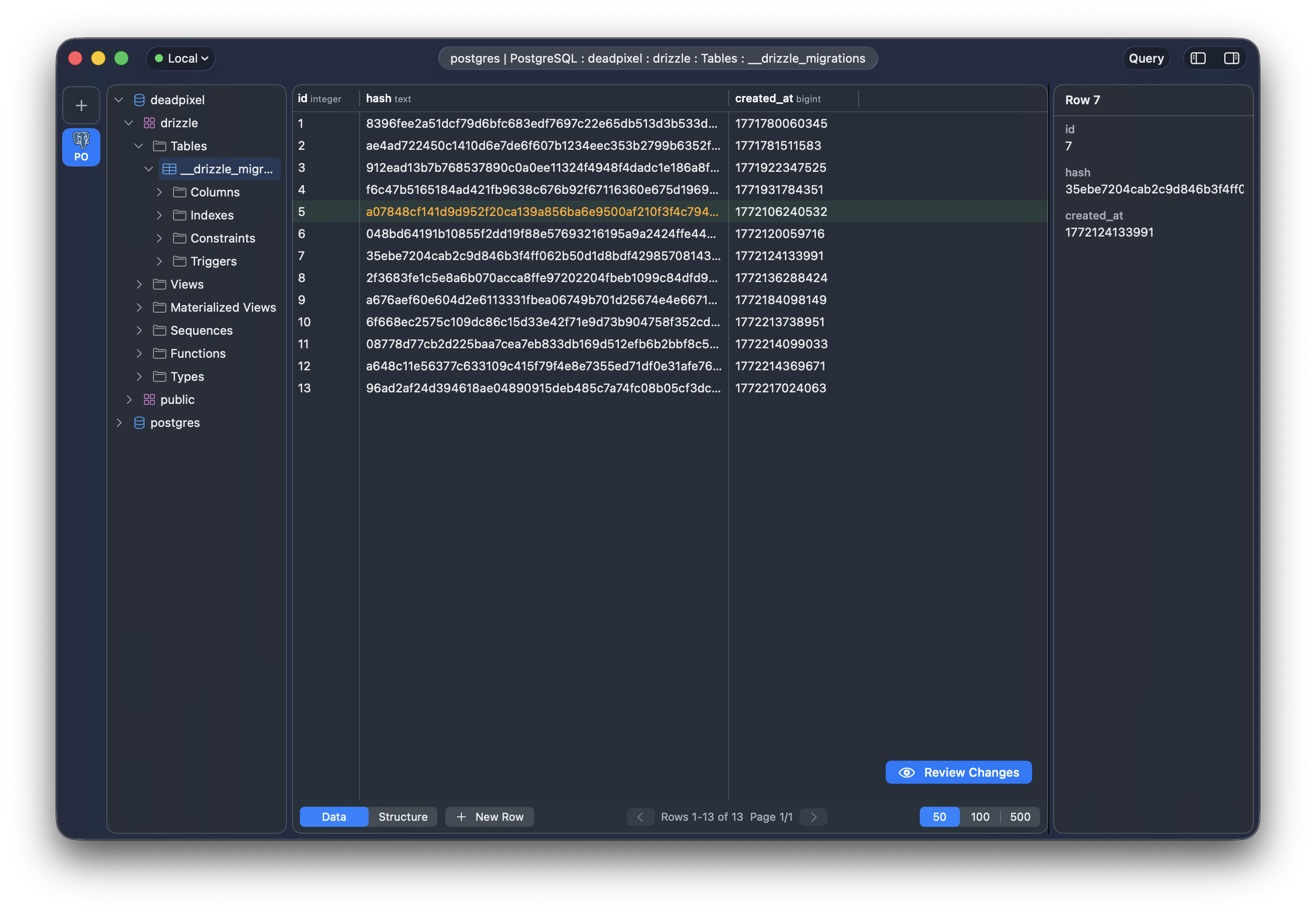 Editing a row inline — the modified row is highlighted and the row inspector shows the current values