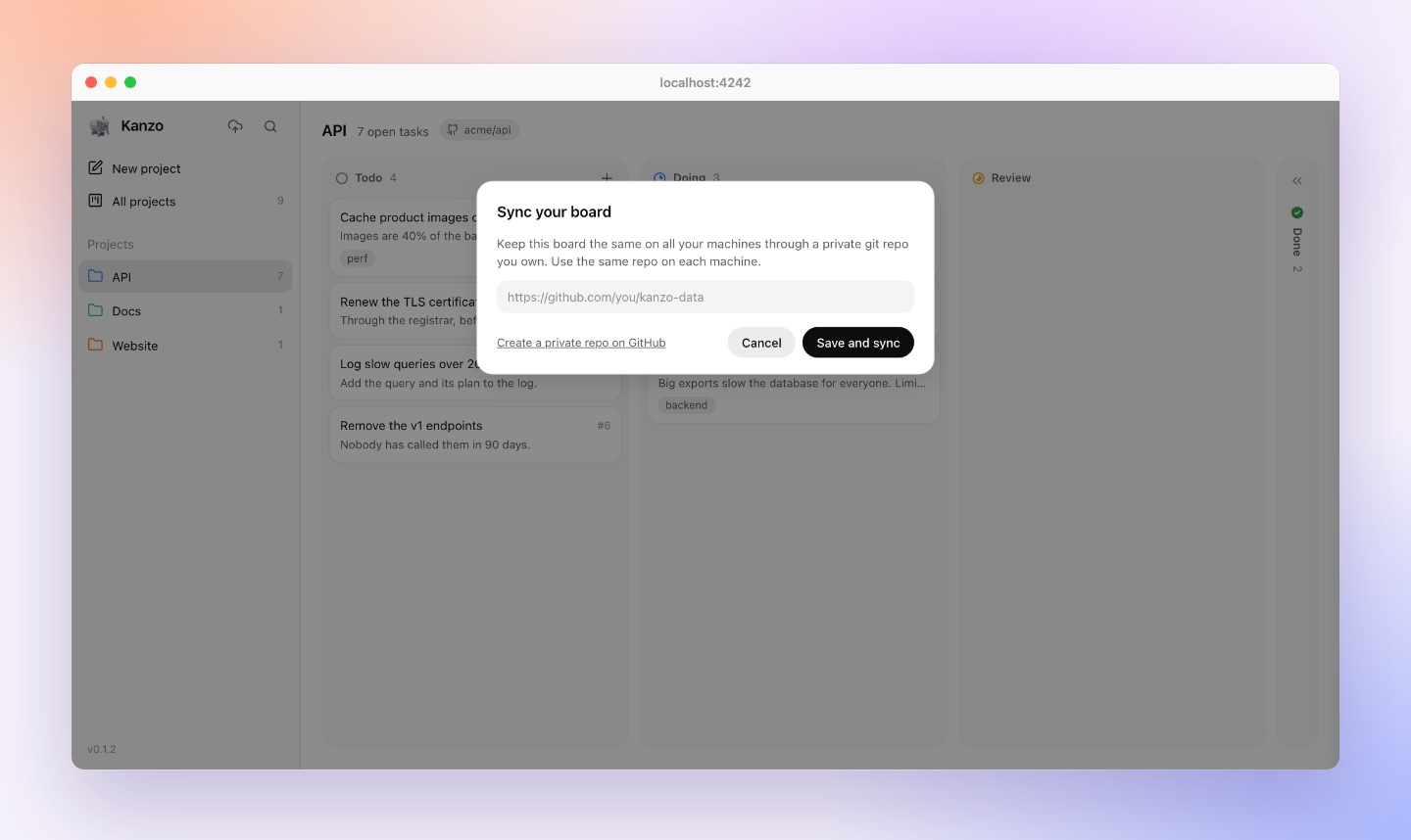 The sync dialog