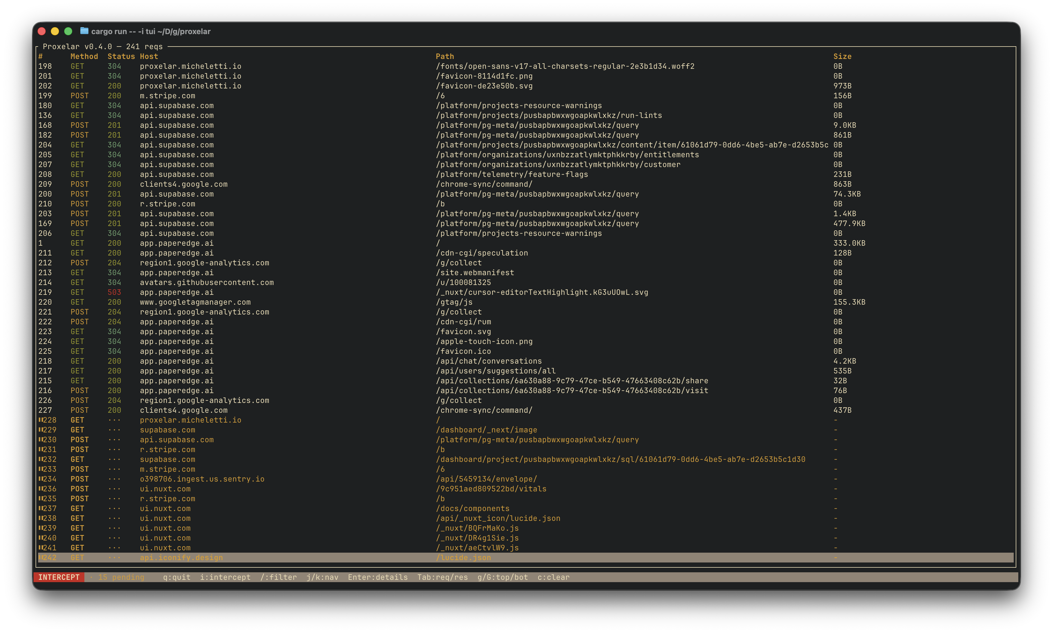 TUI with intercept active — red INTERCEPT badge in the status bar, pending rows in the request list
