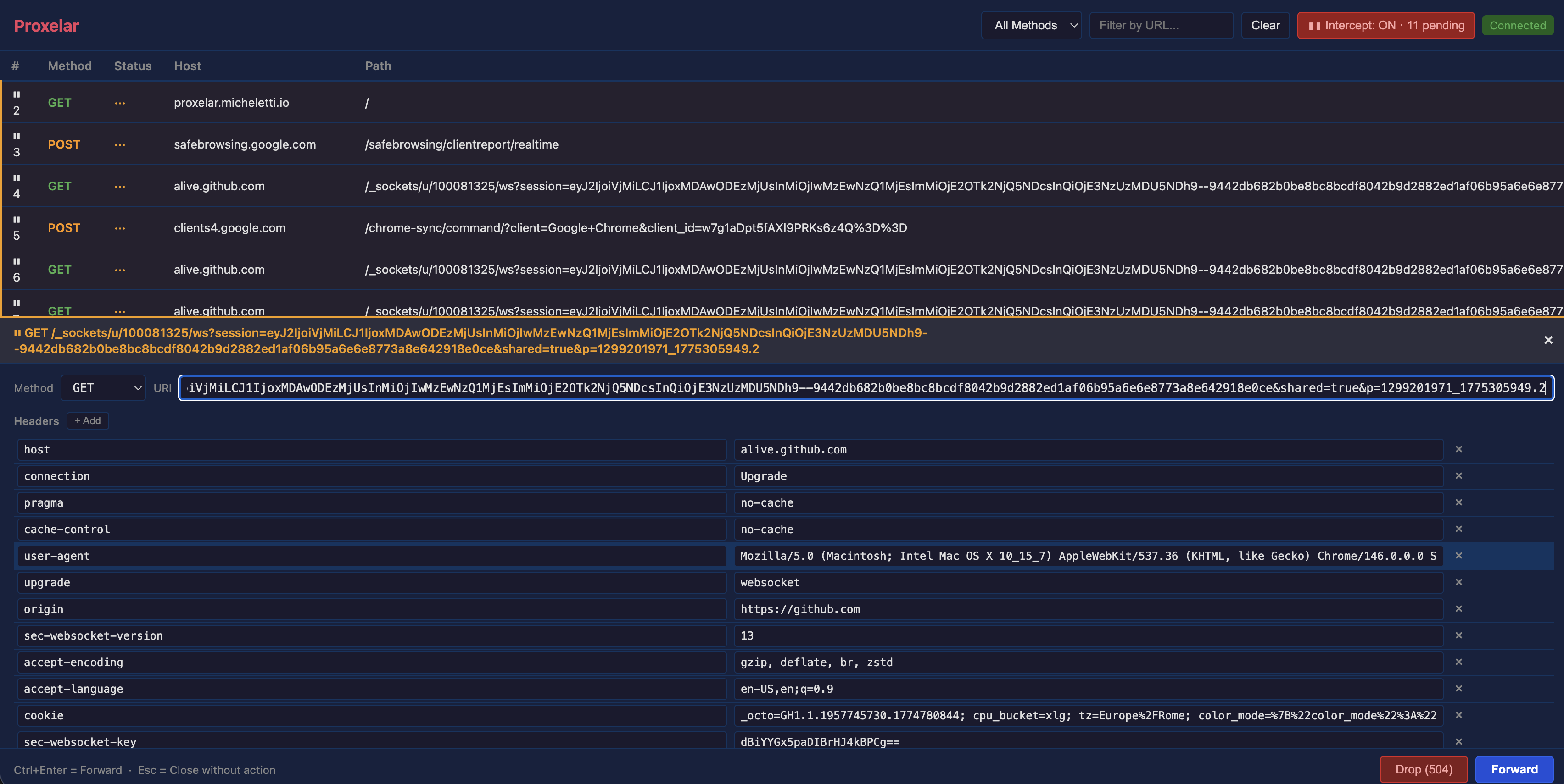 Web GUI editor panel — method, URI, headers, body fields with Forward and Drop buttons