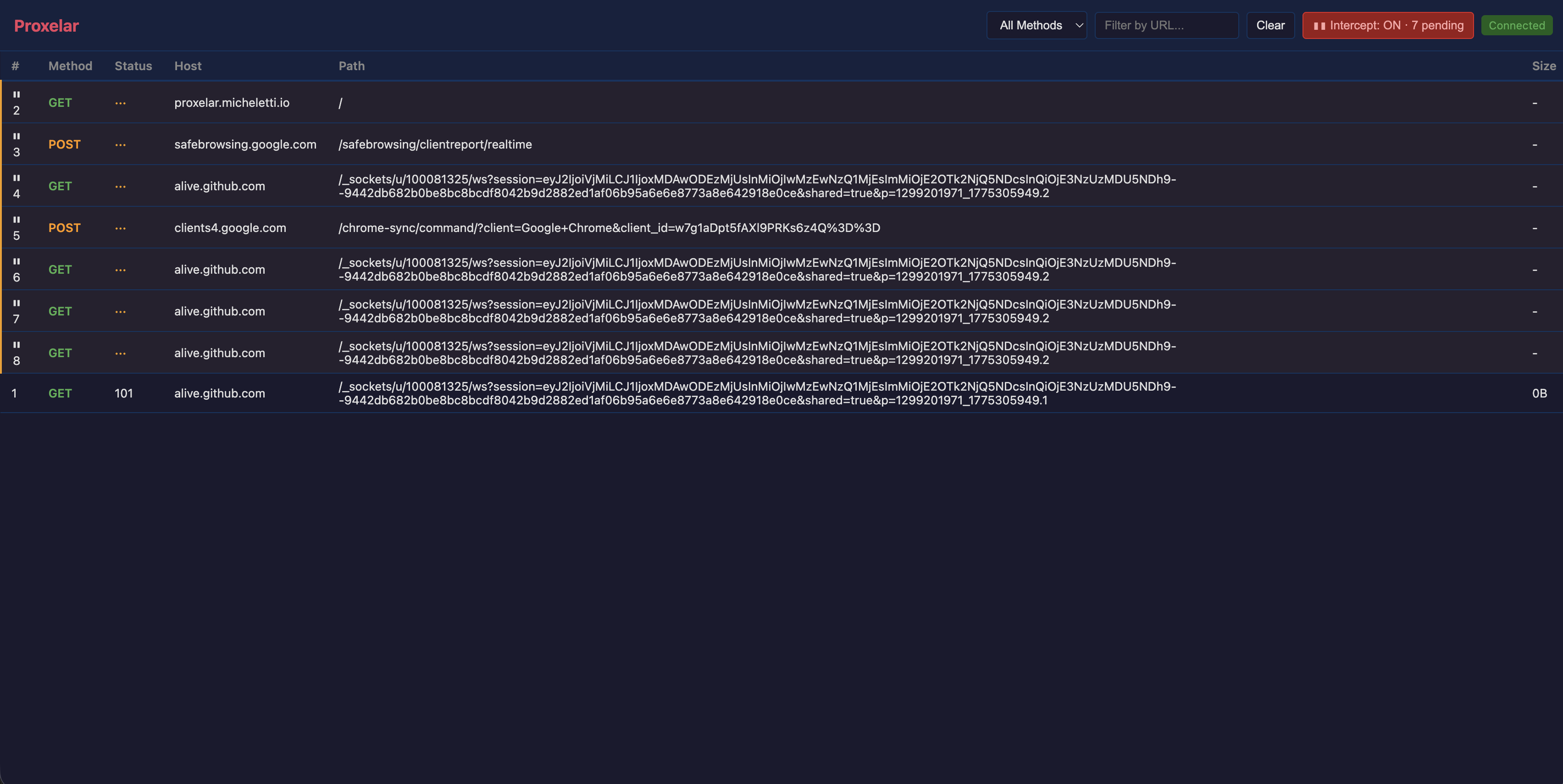 Web GUI intercept button active — red, showing pending request count