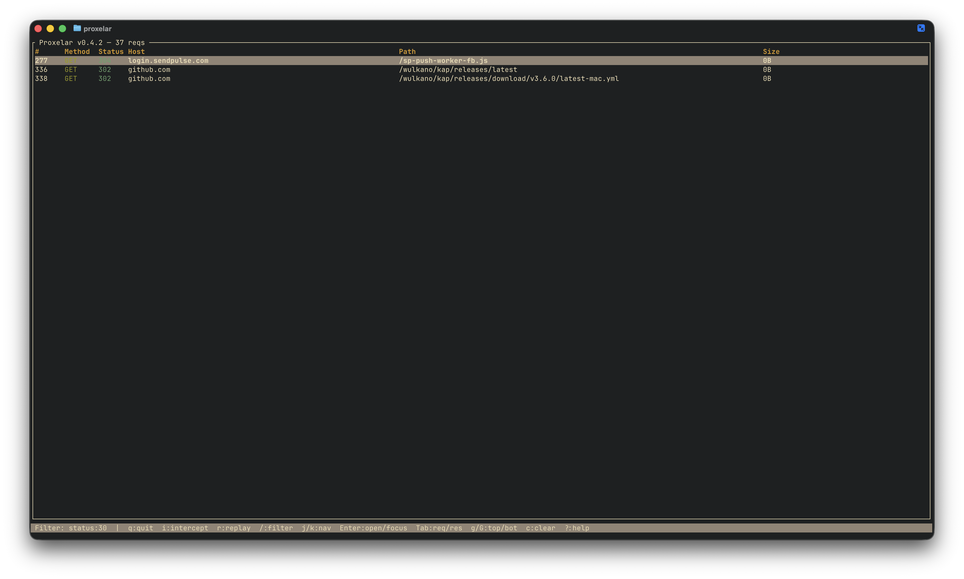 TUI with status:4 filter active — only 4xx responses visible