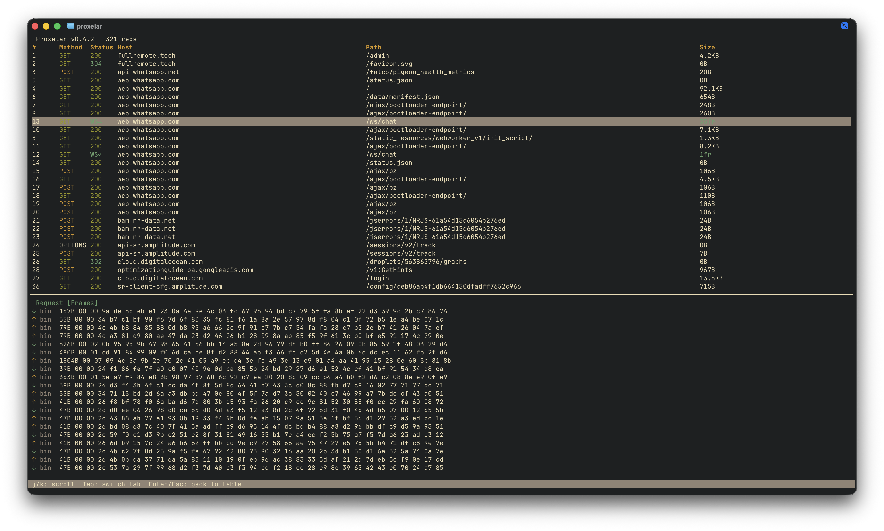 Frames tab — captured frames with direction, opcode, size, and payload preview