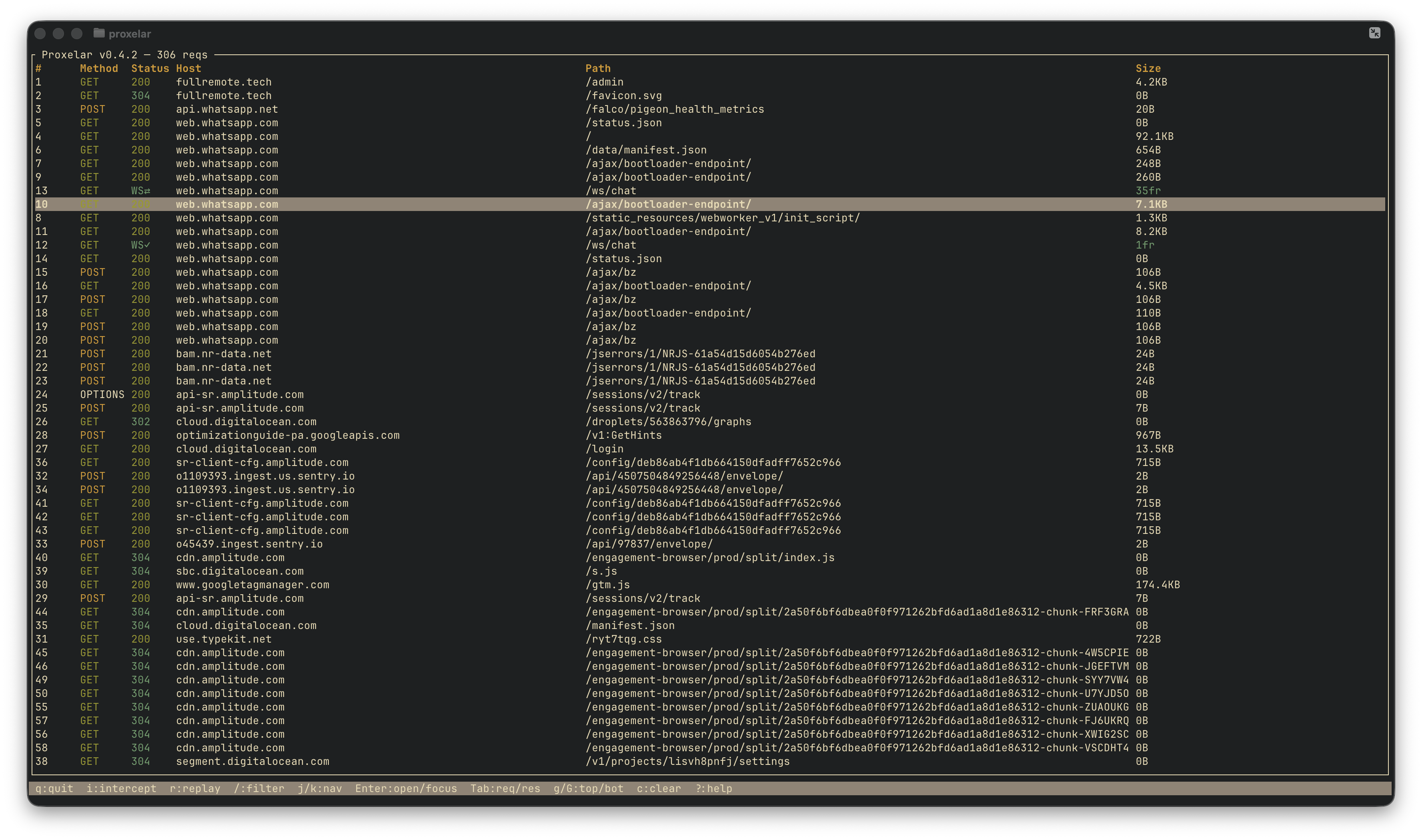 TUI with WebSocket rows alongside regular HTTP traffic — WS⇄ for live connections, WS✓ for closed ones