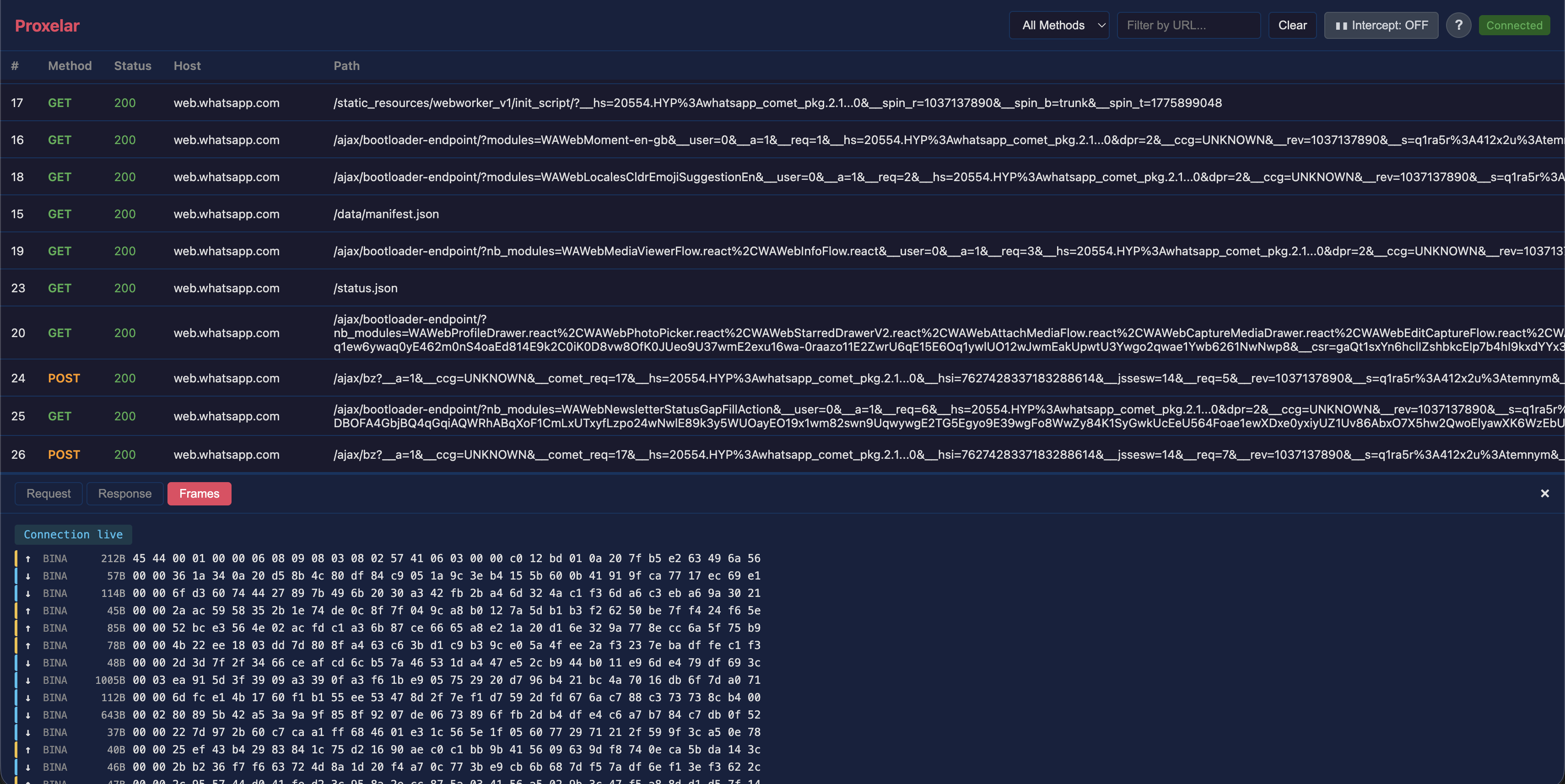 Web GUI Frames tab — live frame list with per-frame direction, opcode, and payload