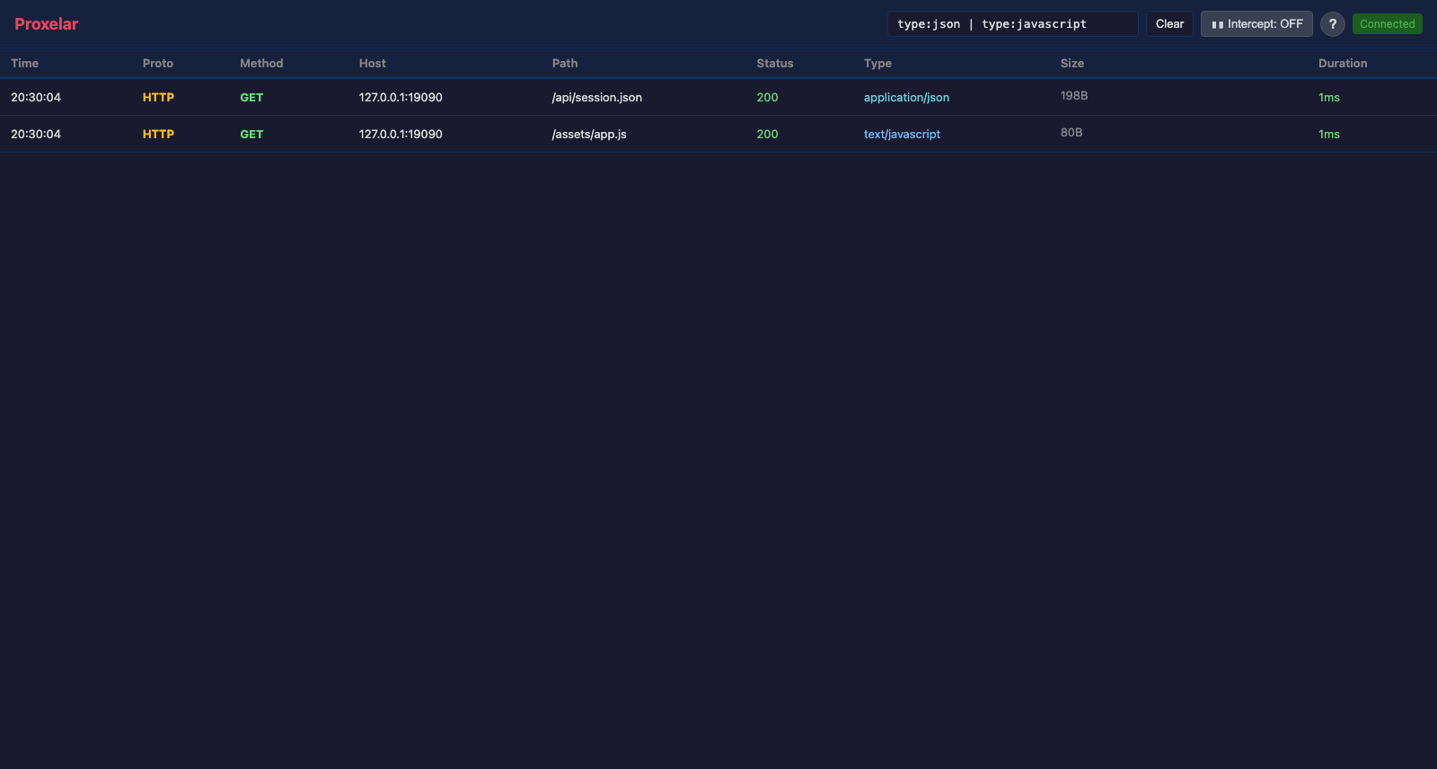 The web GUI showing a boolean content-type filter across captured JSON and JavaScript responses