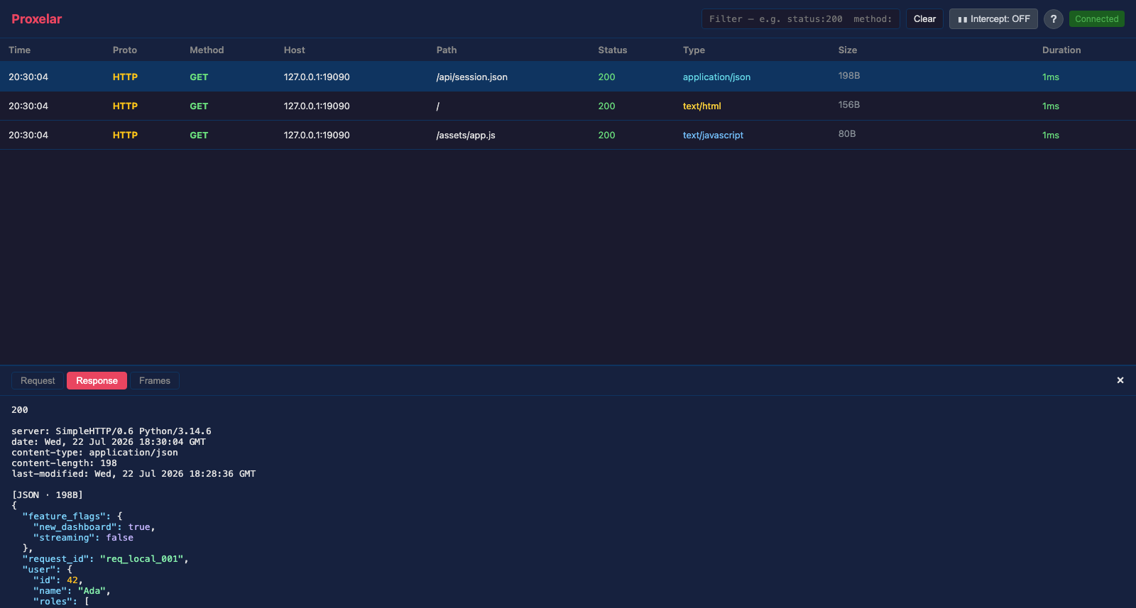 A captured application/json response rendered as formatted structured content
