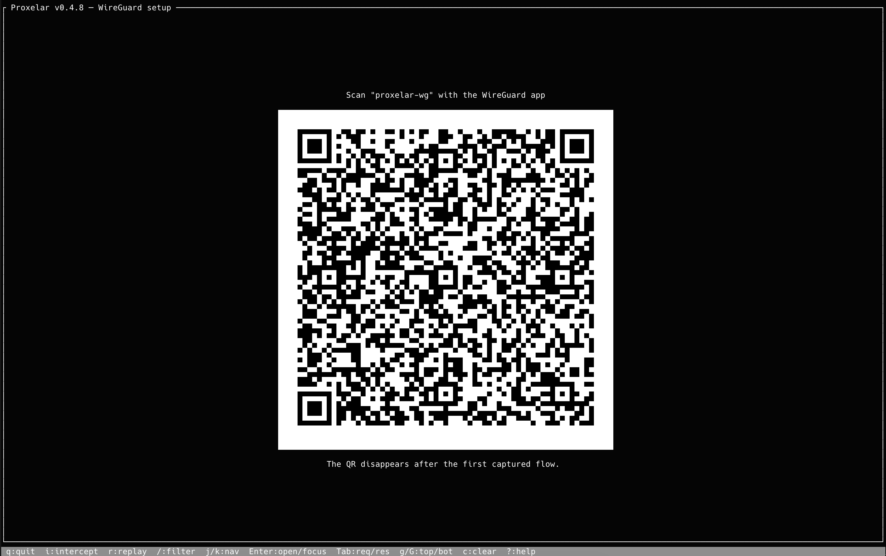 The empty Proxelar TUI showing the WireGuard client profile as a high-contrast QR code