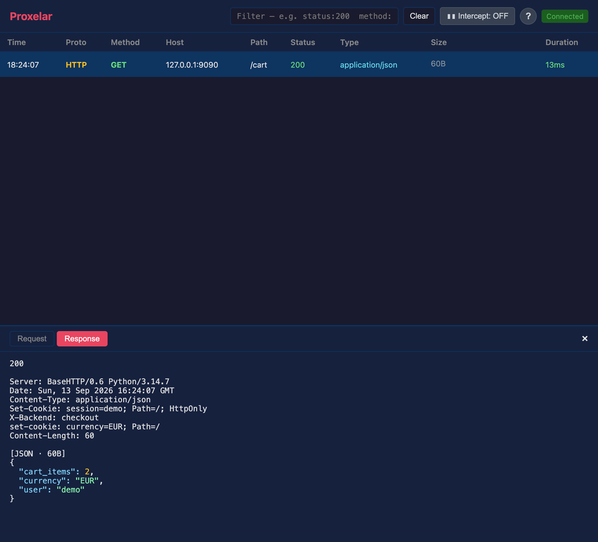 Proxelar 0.6.0 showing two separate cookie fields with X-Backend between them and the JSON response body